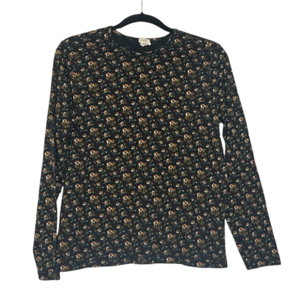 J. Crew Floral Long Sleeve Top Flower Print 90s Vintage Size Medium Preppy Black
